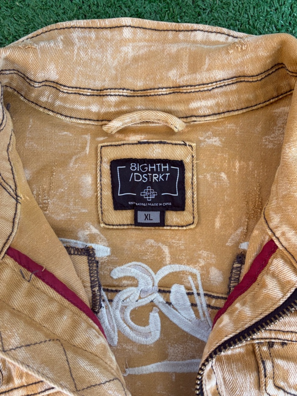 Sleeveless Distressed Denim Vest with Rose Graphic - Tan - Picture 3 of 5